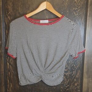 Gaze Black & White Striped Cropped Tee with Red Trim